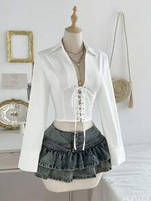 Elamini Women's White Deep Shirred Cinched Waist Drawstring Shirt, Fashionable Casual Versatile Blouse For Outings, Dates, Street Style, Spring/Summer - White - View 3