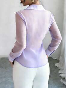 INAWLY Blouse à manches longues de couleur unie avec décoration florale métallique, élégante - Prune - Voir 2