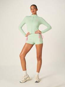 Missguided x Playboy Contrast Tie Ruched Active Zip Up Jacket With Long Sleeves And High Neck For Casual Wear And Athletic Activities - Mint Green - View 3
