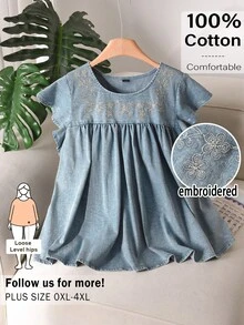 CosyJoli Plus Size Women's Washed Shirt, Embroidered Casual With Ruffle Sleeves, Spring Summer Vacation Holiday Blouse For Women, Tops - Blue - View 3