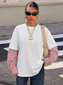 Muchica Women's New 2 In 1 Round Neck Loose Long Sleeve T-Shirt Striped Long Sleeve Summer Long Sleeve Tops Summer Modest Tops - Multicolor - View 5