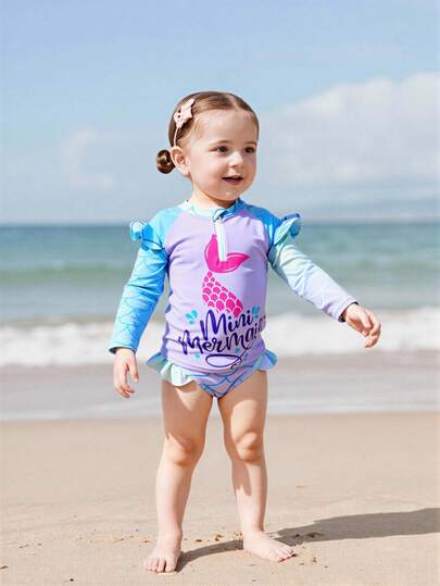 2pcs Baby Girls Mermaid Print Tankini Swimsuit Set, Cute Beach Vacation Swimming Costume