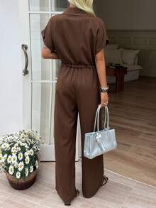 DAZY Bộ áo liền quần nữ màu trơn tay cánh dơi, eo có dây rút, ống rộng, kiểu dáng thường ngày, thích hợp mặc nhà mùa hè. - Cà phê nâu - Xem 6