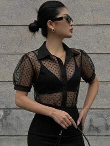 DAZY Casual Business Sheer Mesh Fitted Chiffon Blouse, Minimalist Short Sleeve Women Shirt - Black - View 5