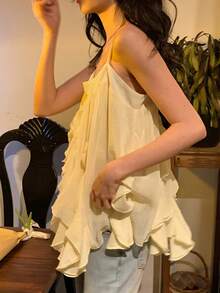 DAZY Women's Solid Color Chiffon Ruffle Trim Casual Vacation Summer Camisole - Yellow - View 6