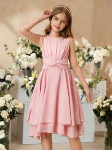 SHEIN Đầm midi không tay màu tím nhạt thanh lịch, đáng yêu dành cho bé gái tuổi teen, thích hợp cho các bữa tiệc, kỳ nghỉ, dịp trang trọng, đám cưới, sinh nhật, biểu diễn và các sự kiện khác. - Hồng - Xem 4