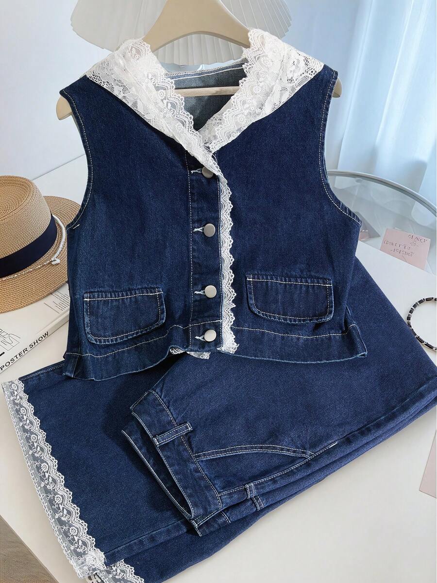 GlowEve Women's Lace Patchwork Hooded Denim Set - Blue - View 1