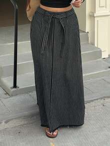 Dazy Plus 休闲条纹A字中长牛仔裙，松紧腰设计，春夏款 - 黑色 - 查看 3
