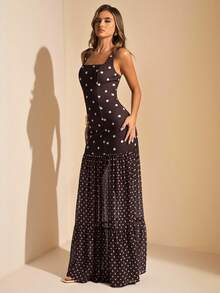 SHEIN BAE Đầm chấm bi nâu bất đối xứng, đầm dài ôm sát xuyên thấu, đầm chấm bi màu cà phê, đầm mùa hè kiểu Maillard, trang phục đại học màu nâu, đầm chấm bi hai dây hở lưng xẻ cao, đầm chấm bi, đầm dài đi biển nghỉ mát - màu nâu - Xem 4