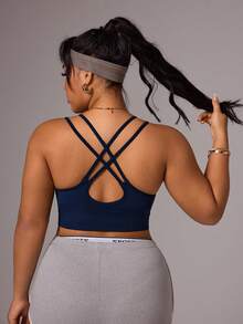 SHEIN Sports Plus Size Women Seamless Criss-Cross Back Sports Bra - Navy Blue - View 2