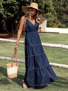 Breezaya Women's Backless Spaghetti Strap Extra Long Denim Dress, Vacation - Dark Wash - View 6