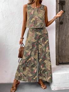 EMERY ROSE Bohemian Style Vintage Print Crew Neck Crop Top And Wide Leg Pants Women 2 Piece Set, Casual Vacation Beach Outfit - Multicolor - View 4