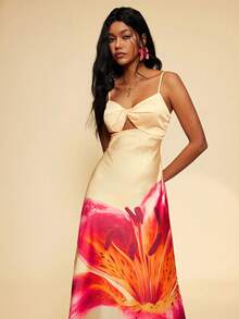 Travachic Vestido camisola feminino elegante com estampa floral e detalhe torcido, ideal para férias, vestido longo de festa, perfeito para o verão, vestido de verão, looks de verão, vestidos de verão femininos, looks de praia femininos, vestido amarelo, vestidos elegantes femininos, vestido longo elegante, vestido para festa de casamento, casamentos e eventos, vestido de madrinha, looks de férias femininos - Multicolorido - Ver 1
