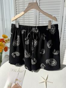 Comfortcana 大码休闲度假风腰果花印花短裤 松紧腰短裤 休闲短裤 抽绳短裤 黑白短裤 佩斯利印花短裤 韩版女式半身裙 派对装扮半身裙 休闲女式半身裙 中国风半身裙 佩斯利半身裙 女式短裤 黑色短裤 佩斯利短裤 - 黑色 - 查看 8