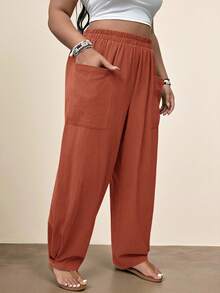 Freevana Plus Size Casual Pocket Hem Pants - Rust Brown - View 5