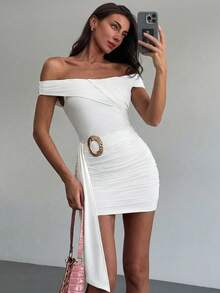 Aloruh Đầm trễ vai nữ đính kim loại, viền bèo nhún, thích hợp cho mùa xuân/hè. - trắng - Xem 6