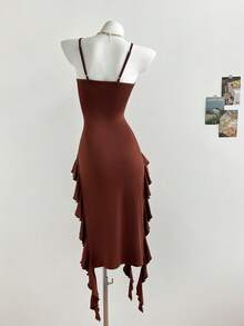 Elamini Women's Fashion Spaghetti Strap Dress With Ribbon Trim And Ruffle Hem Brown Bathing Suit Western Swimsuit Beaded Swimsuit Western Bikini Top Brown Swim Top - Coffee Brown - View 3