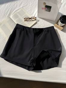 SHEIN EZwear Short décontracté unicolore avec poches, adapté pour le printemps et l'été, grande taille - Noir - Voir 8