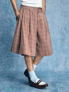 ROMWE MEN Street Life 男士钢琴格纹休闲宽松百搭短裤 - 棕色 - 查看 5