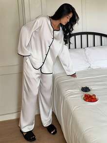 Dazy Plus Plus Size Comfortable Contrast Trim Front Button Long Sleeve Top And Pants Pajama Set, Autumn - Apricot - View 1