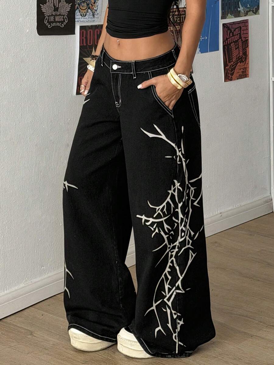 StreetHx Women's Fashion Casual Street Punk Print Wide Leg Jeans - Black - View 1