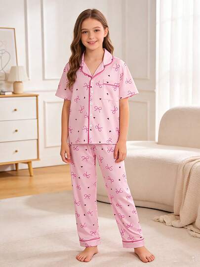 2件套女童可爱蝴蝶结装饰短袖上衣和裤子舒适睡衣套装