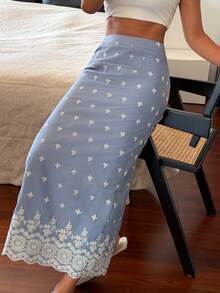 DAZY Falda de línea A con bordado y calado para vacaciones de verano de mujer - Azul - Ver 6