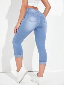 SHEIN Essnce Quần Jeans Denim Ôm Vừa Vặn, Túi Rách Nhẹ Thường Ngày Cho Nữ, Mùa Hè - Rửa nhẹ - Xem 2