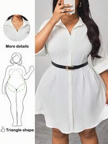 Truni Plus Size Casual White Button-Front Shirt Dress,Adjustable Sleeves,Fall,Winter,Work,Teacher,Business,Office,School,Going Out,Back To School, For Pear Triangle Body Shape - White - View 1