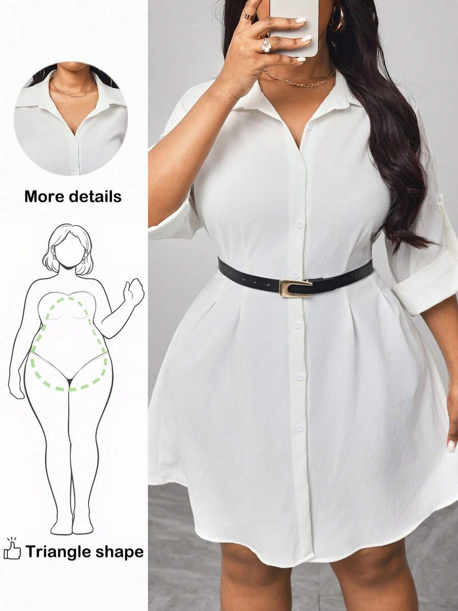 Truni Plus Size Casual White Button-Front Shirt Dress,Adjustable Sleeves,Fall,Winter,Work,Teacher,Business,Office,School,Going Out,Back To School, For Pear Triangle Body Shape - White - View 1