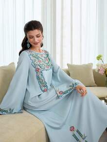 Al Najma Digital Print Elegant Loose Blue Everyday Turkish Maxi Dress & Arabic Traditional Abaya - Blue - View 5