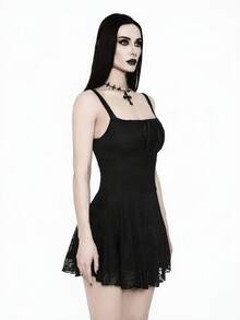 Glisette 女士时尚黑色蕾丝前系带吊带连衣裙 - 黑色 - 查看 6