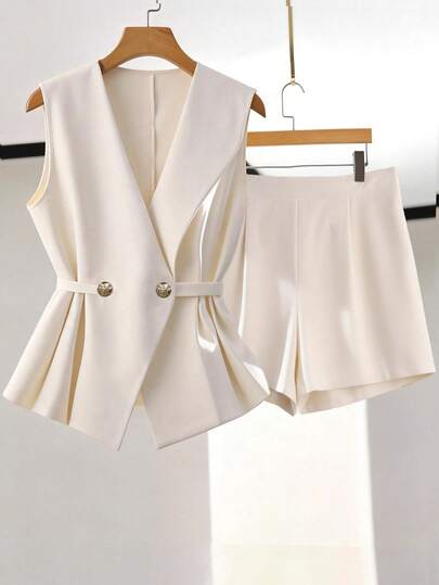 GlowEve CURVE Plus Size Women's Elegant Solid Color V-Neck Belted Suit Set, Minimalist Single-Breasted Bow Tie Waist Blouse + Solid Color Shorts Two Pieces Outfit, Suitable For Daily Commute, Outings, Parties, And Photo Shoots