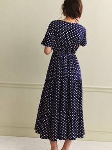 Écloséra Women's Spring Dress, Elegant Summer Vacation Dress, Women's Elegant Party Polka Dot Dress, New Spring Summer Wave Embroidery Lace V-Neck Short Sleeved Women's Dress, Women's Black Polka Dot Dress, Women's Polka Dot Dress - Multicolor - View 6