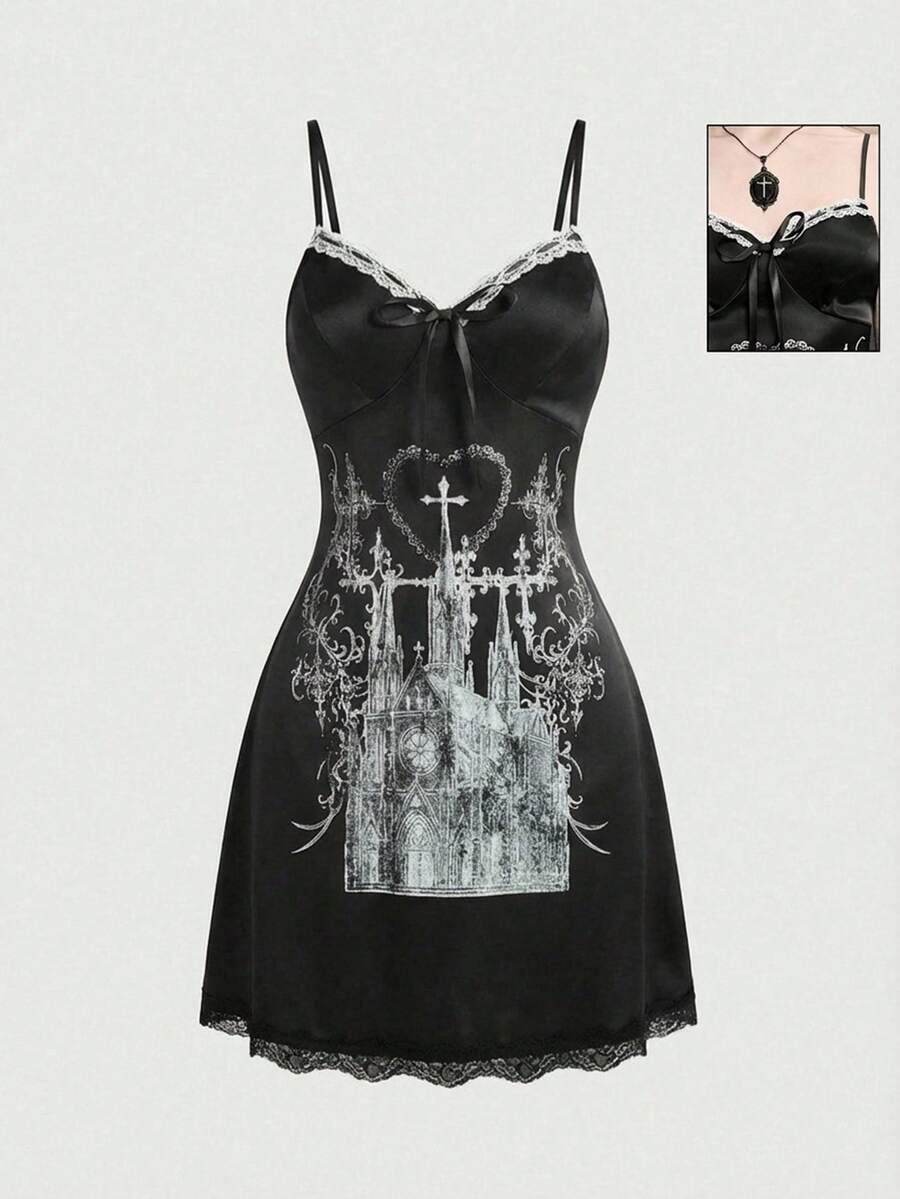 ROMWE Váy ngắn nữ bằng satin ren hình thiên thần Gothic, thánh giá, lâu đài, nhà thờ, gai nhọn, rune mạng, trái tim, ren. - màu đen - Xem 1