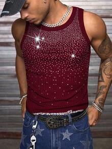 AXEPEAK Men's Round Neck Rhinestone Embellished Casual Everyday Wear Top - Red - View 4