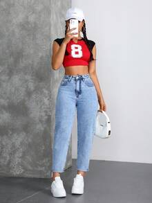 SHEIN ICON Jeans casuales de mujer con bolsillo frontal y diseño sencillo - Azul lavado medio - Ver 5