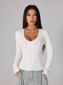 SHEIN PETITE Áo len cổ chữ V màu trắng dành cho nữ mùa thu đông, phong cách cổ điển Preppy Y2K, thích hợp mặc hàng ngày đi chơi, dự hội chợ thời Phục Hưng, câu lạc bộ. Áo len cổ chữ V sâu, áo dệt kim dài tay màu trắng. - trắng - Xem 10