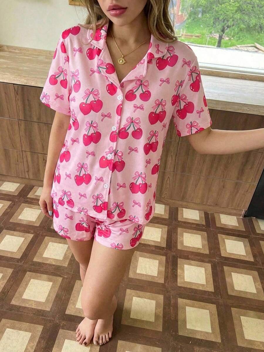 少女两件套睡衣，心形樱桃蝴蝶结印花针织短袖开衫上衣和印花短裤，家居服，甜美派对装扮 - 粉色 - 查看 1