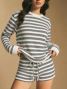 Poéselle Women's Striped Round Neck Drop Shoulder Long Sleeve T-Shirt And Shorts Casual 2-Piece Set - White - View 4
