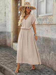 Brillora V领半开襟纹理面料女士宽松短袖连衣裙，适合户外度假，春夏皆宜 - 杏色 - 查看 4