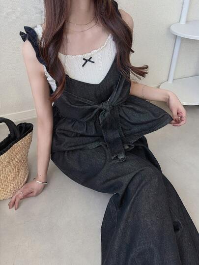 FRIFUL 女款休閒牛仔套裝，打結設計上衣搭配寬腿褲