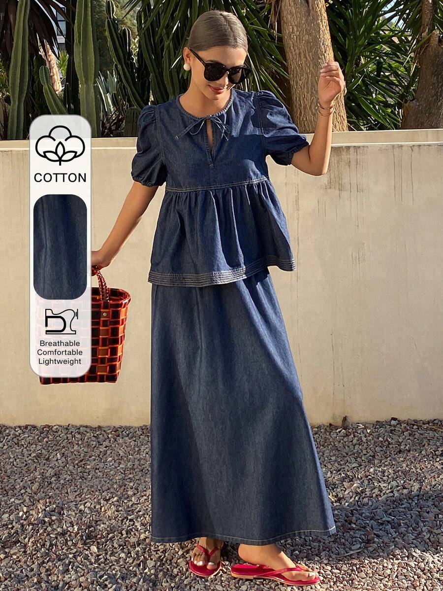 Livesso Spring/Summer Romantic Loose Casual Vacation Style Blue Shirt And Loose Denim Skirt Women's 2-Piece Set - Blue - View 1