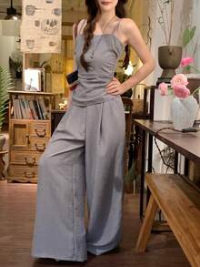 DAZY Conjunto informal de 2 piezas para mujer con top de tirantes plisado de unicolor y pantalones anchos plisados, conjunto de ropa de estar en casa para verano - Gris - Ver 4