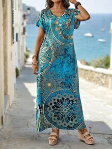 EMERY ROSE Women's Vintage Floral Print V-Neck Batwing Sleeve Casual Summer Dress Maxi Women Dresses Long Dress - Multicolor - View 5