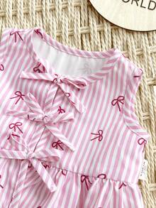 新生女宝宝度假休闲可爱粉白条纹蝴蝶结装饰背心短裤套装 - 粉色 - 查看 3