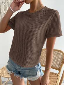 SHEIN Essnce Camiseta Casual Solta de Malha com Gola Redonda e Manga Curta, Cor Sólida, Verão - Marrom Claro - Visão 4