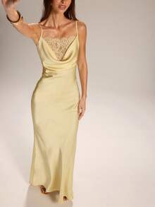 SHEIN BAE Spring/Summer Solid Yellow Satin Lace Slip Dress, Elegant Mermaid Silhouette Solid Yellow Dress Wedding Guest Dress Date Night Dress Everyday Wear Dress Graceful Dress - Yellow - View 7