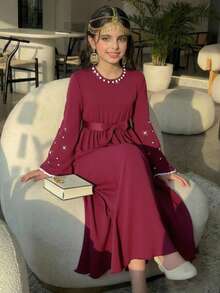 SHEIN Vestido de manga larga con volantes y cinturón para niña preadolescente, de cuello redondo, estilo vintage y elegante, con puños con cuentas, adecuado para uso casual en primavera y otoño - Burdeos - Ver 8