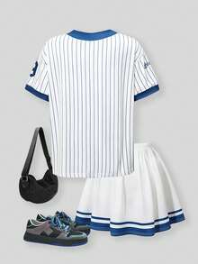 SHEIN ChillGRL Tween Girls Striped & Numeric Print Colorblock T-Shirt With Sporty Cheerleader Skirt 2 Pieces Set, Spring/Summer - Blue and White - View 2
